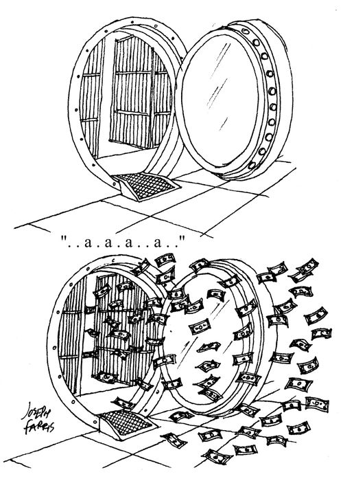 Bank notes coming out of a safe.