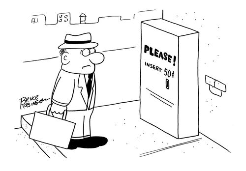 Businessman standing on street corner looking at a vending machine that says 'Please! Insert 50 cents'.