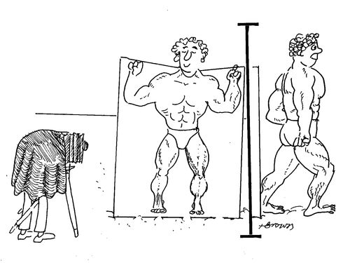 A Body Builder has his picture taken behind a cardboard cut out of a body builder.