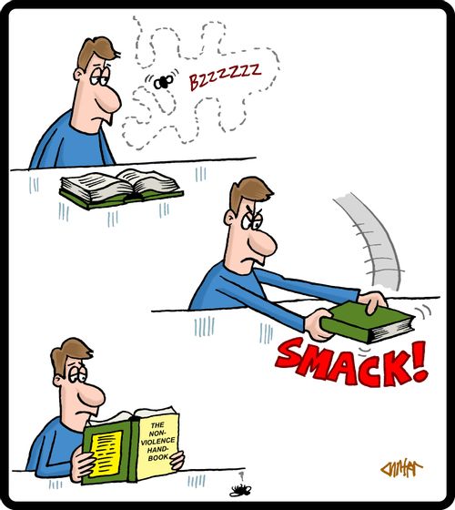 Man reading the 'The Non-Violence Handbook' swats annoying fly with it.