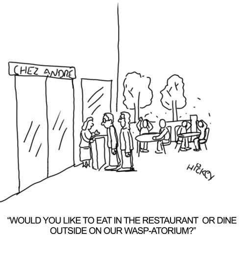 'Would you like to eat in the restaurant or dine outside on our Wasp-atorium?'