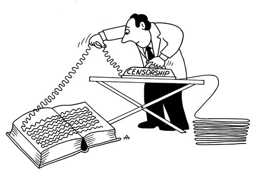 Man ironing the censorship into a book.