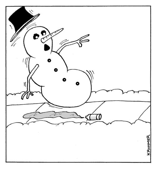 A snowman slips on a patch of ice.