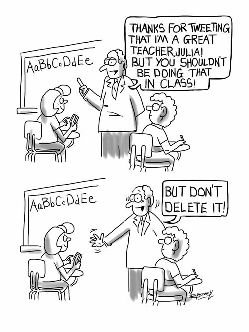 'Thanks for tweeting that I'm a great teacher, Julia! But you shouldn't be doing that in class!. . . but don't delete it!'