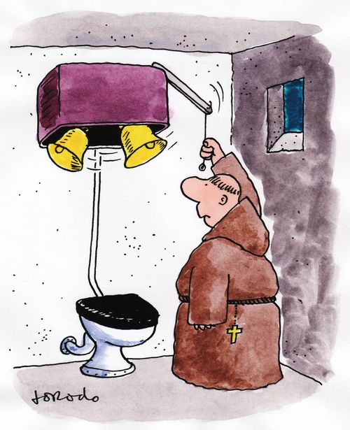 Monk and bell-ringing cistern.