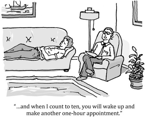 '...and when I count to ten, you will wake up and make another one-hour appointment.'