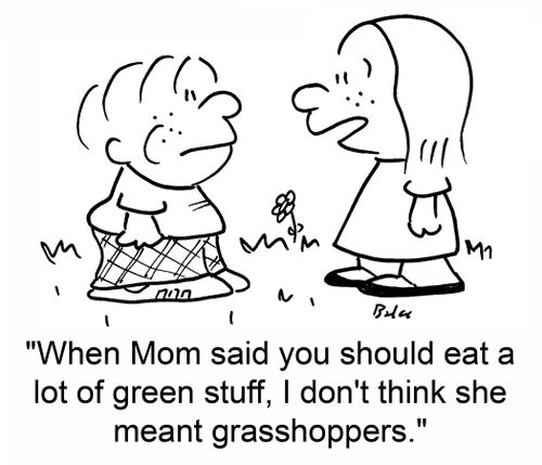 'When Mom said you should eat a lot of green stuff, I don't think she meant grasshoppers.'