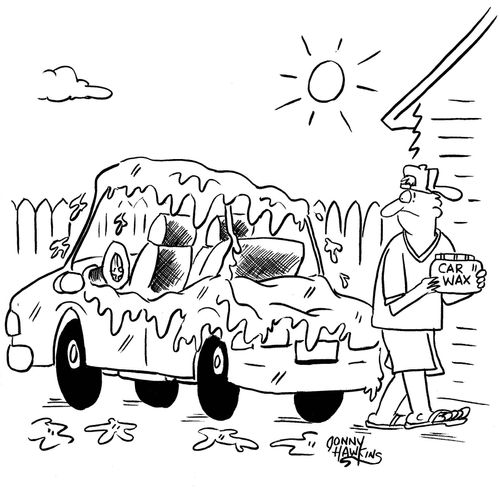 Man has applied car wax and sees the whole car melt in the sun.