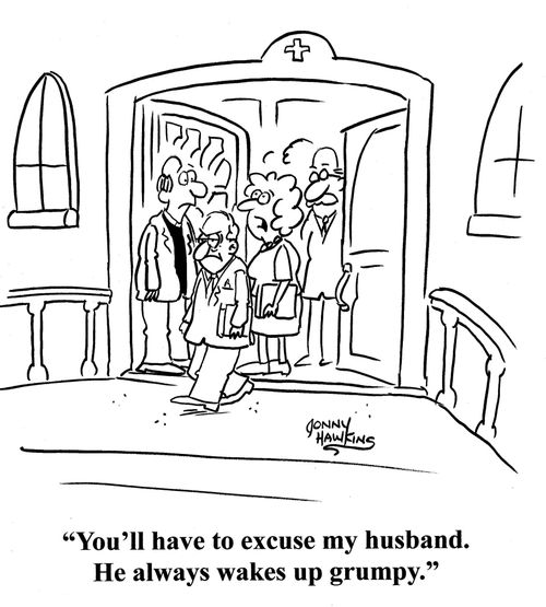 Wife about mad man leaving church: 'You'll have to excuse my husband. He always wakes up grumpy.'