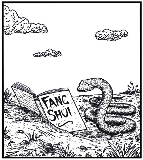 Visual Gag: A snake reading a Fang Shui book. The snake's version of 'Feng' Shui
