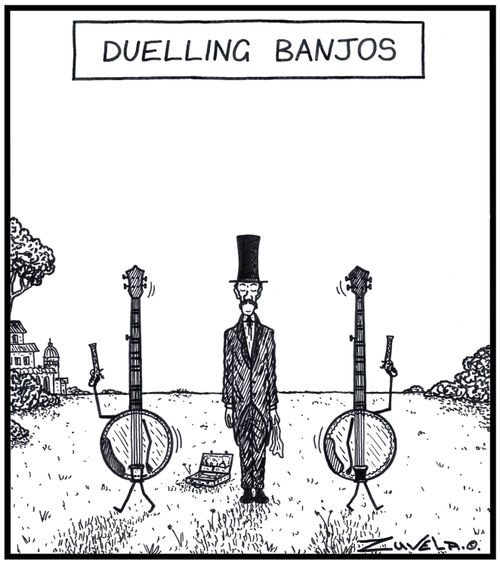 Dueling Banjos two Banjos about to shoot it out in a Duel.
