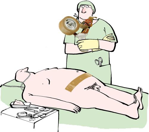 Surgeon using brown tape to close up a wound.