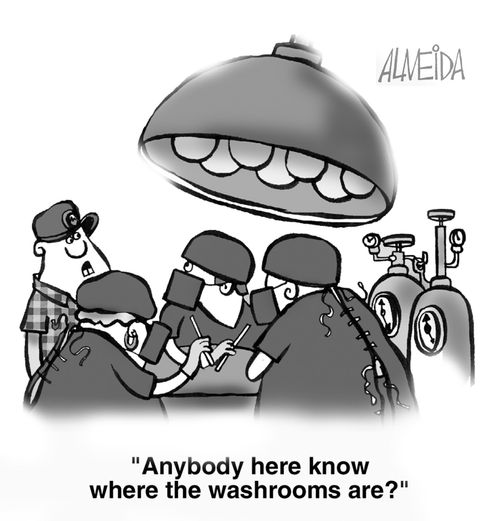"Anybody here know where the washrooms are?"