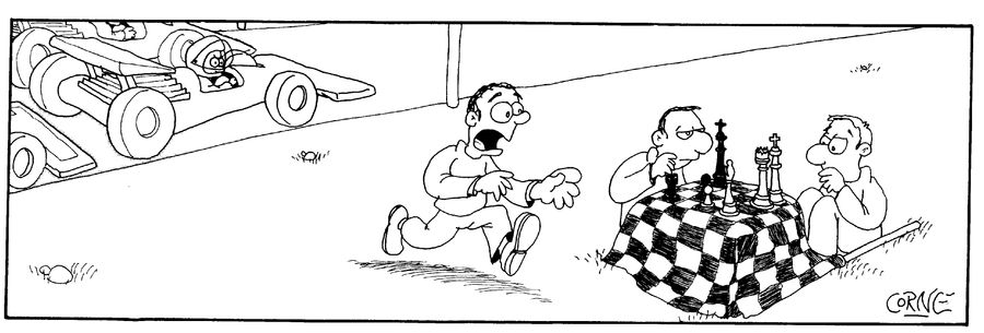 Racing Driver Glares at Two Men using Checkered Flag for Playing Chess