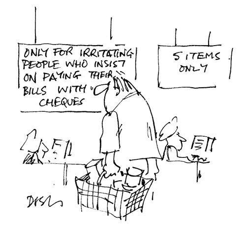 Supermarket queue for people who insist with paying with cheques