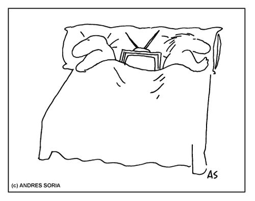 TV snuggled between couple in bed