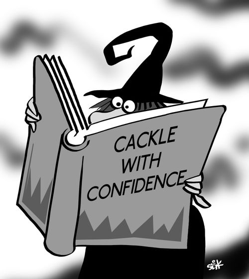 Witch reads book titled 'Cackle with Confidence'.