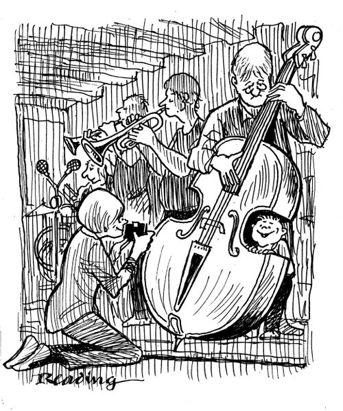 Mum taking a picture of her child hiding behind a cello while the band are playing.