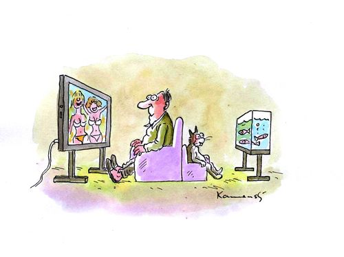 Man watching women on tv, while cat watches fish tank.
