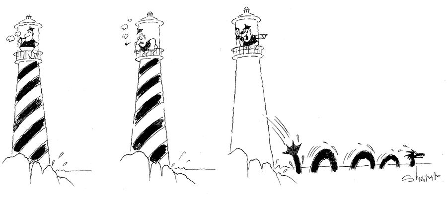 Sea monster wrapped around lighthouse.