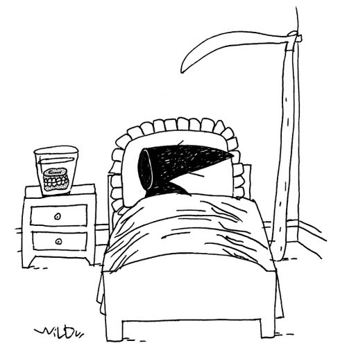Grim Reaper sleeping with teeth next to his bed.