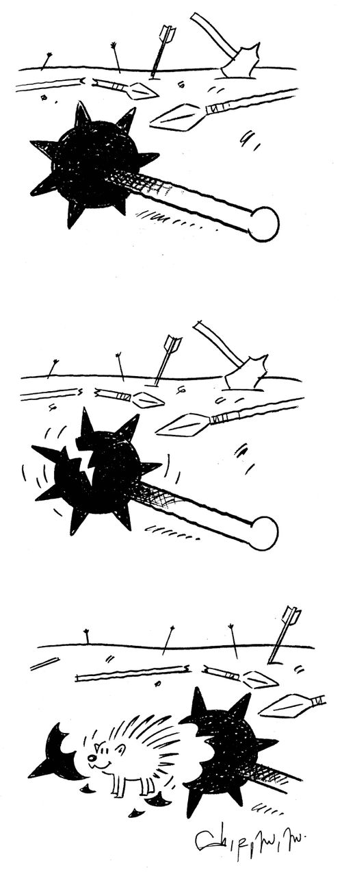 Porcupine emerges from medieval mace.
