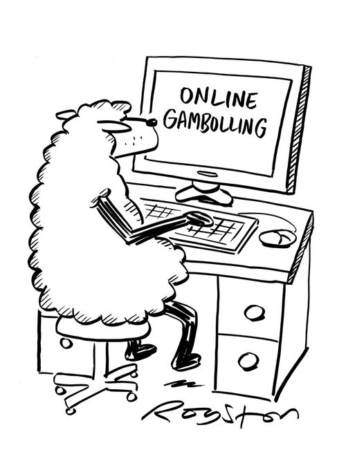 Sheep sat at a computer. The screen reads: 'Online gambolling.'