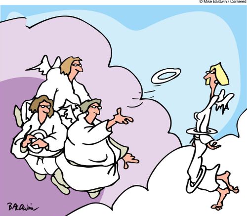 Heavy angels play ring-toss using halos and thin angel.