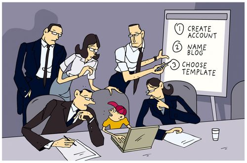 Young boy helping business staff to create a blog.