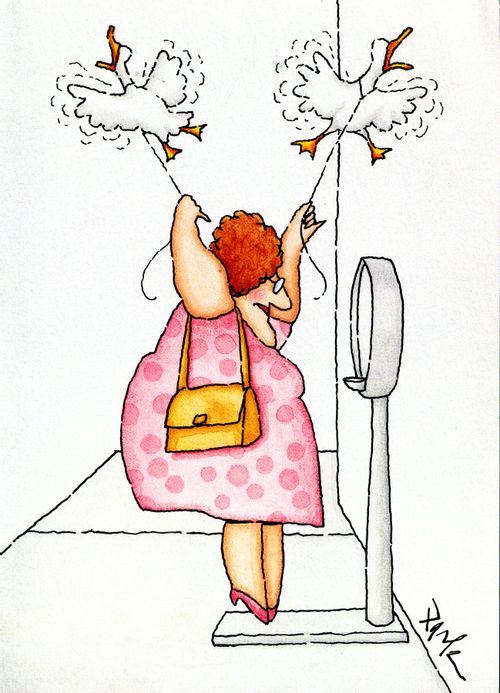 Women holding onto birds so that her weight seems lower