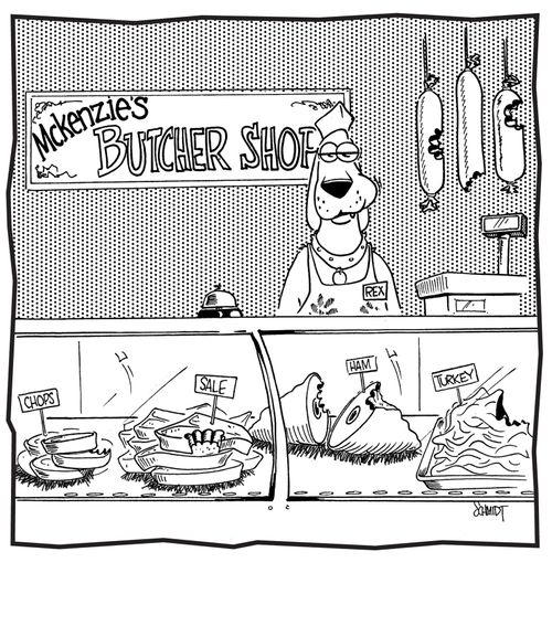 Dog working as a butcher.