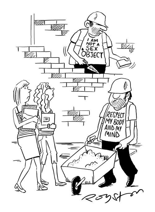 Attractive young women students walk past a building site where the men wear anti-sexism T-shirts.