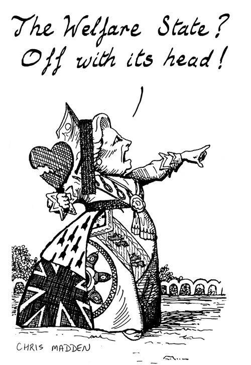 Margaret Thatcher as the rad queen in [Alice] Through the Looking Glass. Her clothes display symbols of her policies, such as a map of the Falkland Islands and policemen's helmets