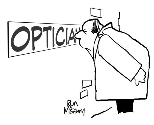 Myopic man reading 'Optician' sign.