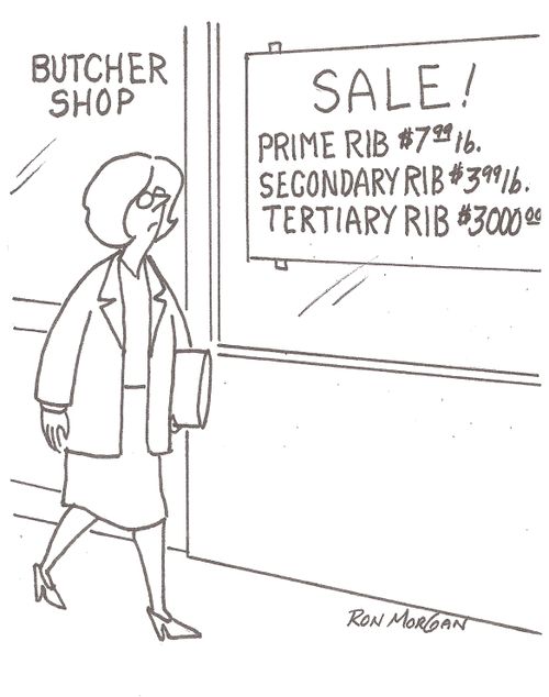 Woman sees sign on butcher shop advertising ribs.