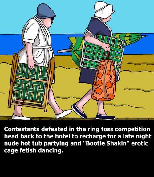 Contestants defeated in the ring toss competition head back to the hotel to recharge for a late night nude hot tub partying and 'bootie shakin' erotic cage fetish dancing.