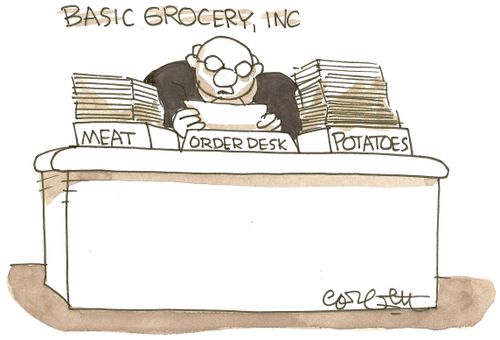 Basic Grocery order desk: 'meat...potatoes'.