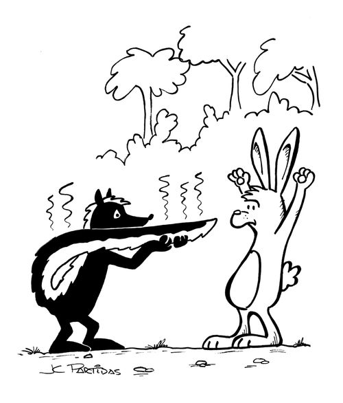 Skunk threatening a rabbit.