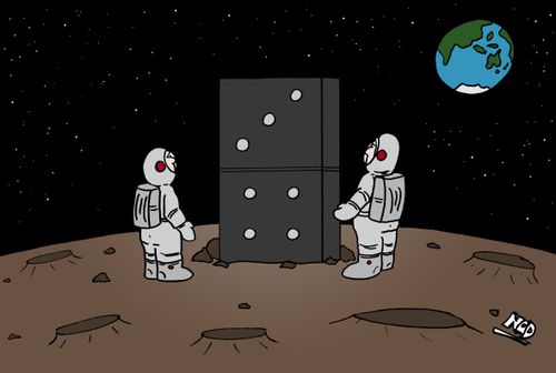 Two astronauts on the moon find a giant domino monolith.