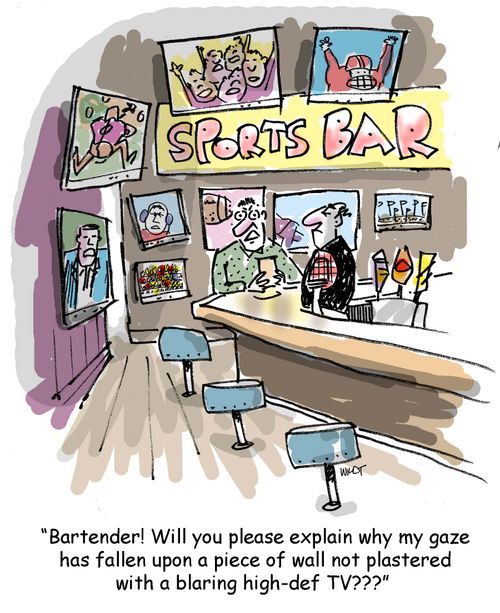'Bartender! Will you please explain why my gaze has fallen upon a piece of wall not plastered with a blaring high-def TV???'