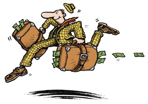 A man running with two suitcases stuffed with bank notes.