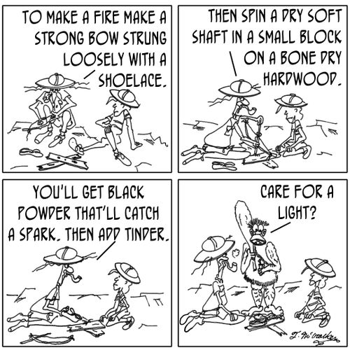 ''To make a fire make a strong bow strung loosely with a shoelace. Then spin a dry soft shaft in a small block on a bone dry hardwood.' 