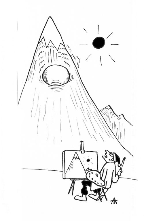 Artist notices a boulder rolling towards him.