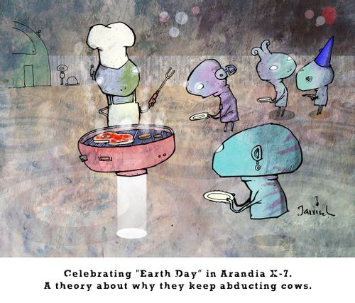 Celebrating 'Earth Day' in Arandia X-7. A theory about why they keep abducting cows.