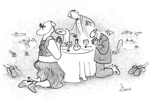 Restaurant scene; diners are shown kneeling in reverence at their tables. 