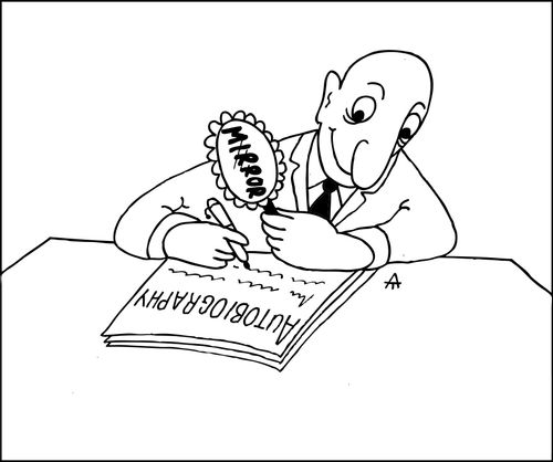 Autobiographer holds up a mirror to his face.