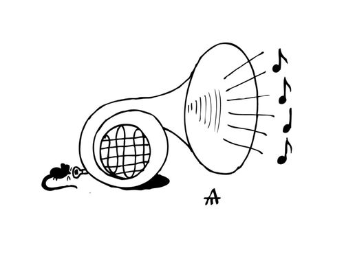 A tiny mouse playing a French horn.