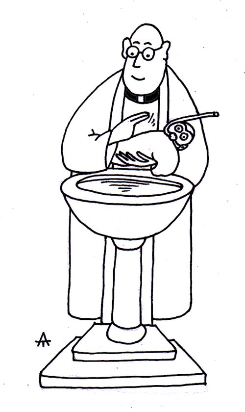 A baby being christened in a scuba mask.