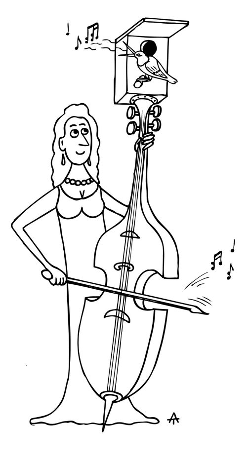 Cello with a birdhouse on top.