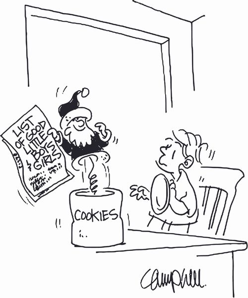 Jack-in-the-box Santa jumps out of cookie jar with list of good little boys and girls.